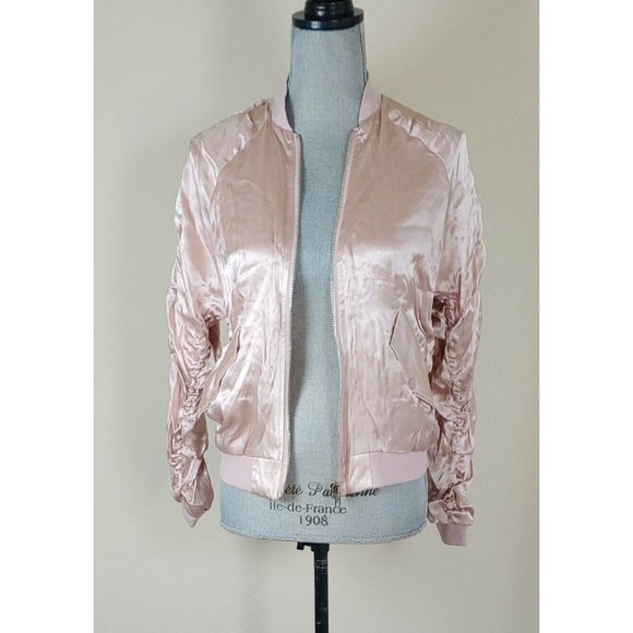 Olivaceous Jackets & Blazers - Olivaceous Womens Blush Pink Satin Ruched Full Zip Jacket